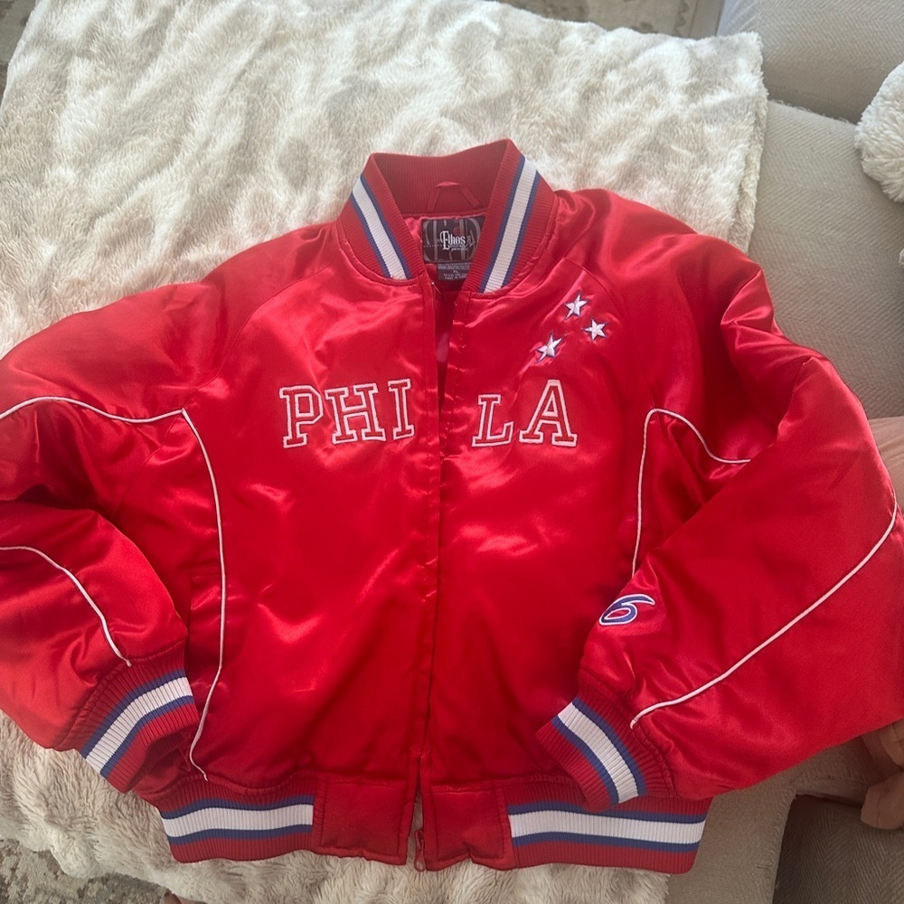 Vintage Red Satin PHILA Bomber Jacket - Picture 2 of 7